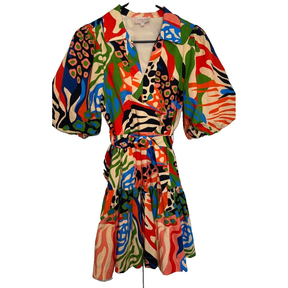 CIEBON Azula abstract multicolor Bubble Sleeve Mini dress XS belted art girl